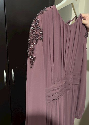 Bordo Uzun Kollu Drapeli Kadın Abiye Elbise - Görsel 7