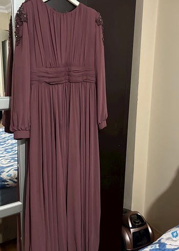 Bordo Uzun Kollu Drapeli Kadın Abiye Elbise - Görsel 2