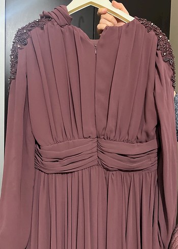 Bordo Uzun Kollu Drapeli Kadın Abiye Elbise - Görsel 5