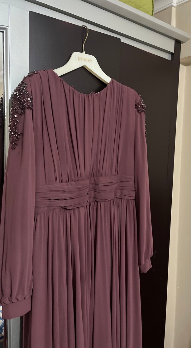 Bordo Uzun Kollu Drapeli Kadın Abiye Elbise - Görsel 3