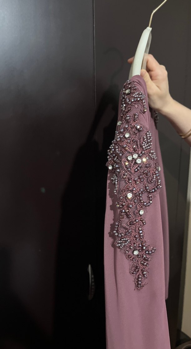 Bordo Uzun Kollu Drapeli Kadın Abiye Elbise - Görsel 4