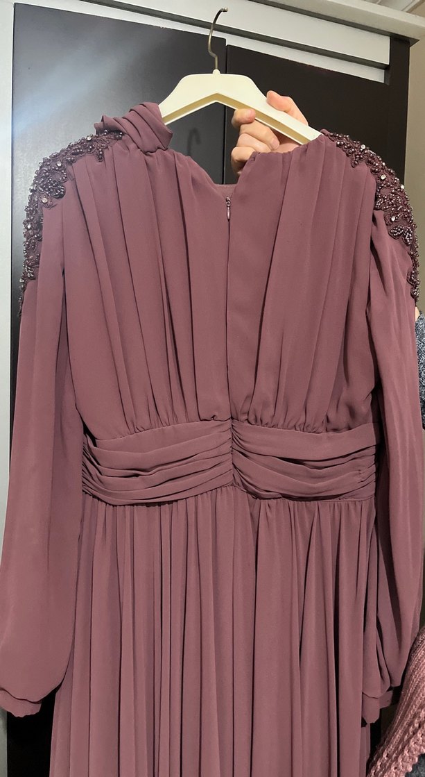 Bordo Uzun Kollu Drapeli Kadın Abiye Elbise - Görsel 5