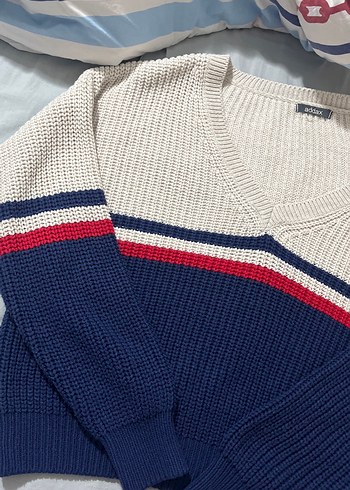 V Yaka Renkli Örgü Kadın Kazak - Görsel 3