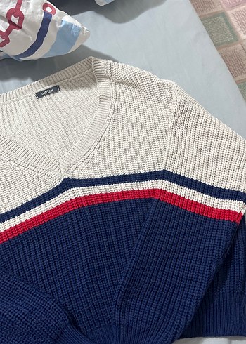 V Yaka Renkli Örgü Kadın Kazak - Görsel 4