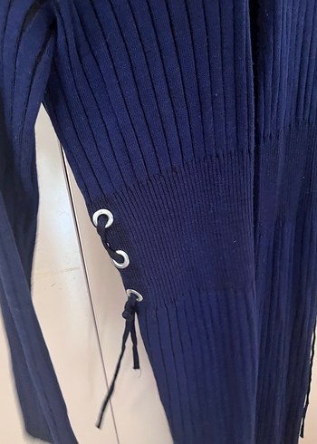 Lacivert Pilili Uzun Kadın Hırka - Görsel 3