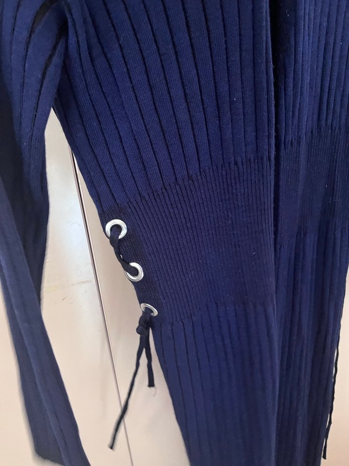 Lacivert Pilili Uzun Kadın Hırka - Görsel 3