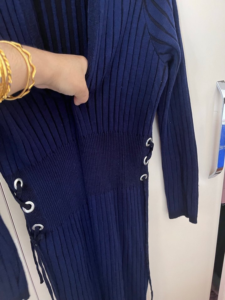 Lacivert Pilili Uzun Kadın Hırka - Görsel 4