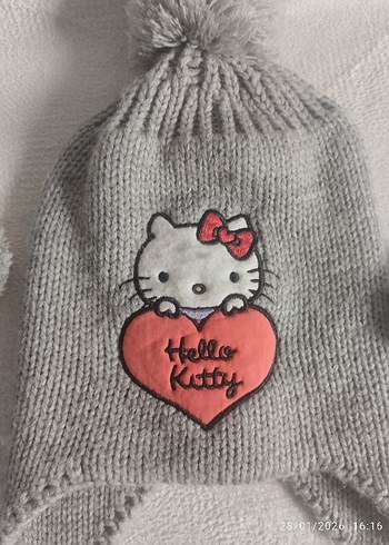 Gri Nakışlı Hello Kitty Örgü Çocuk Bere - Görsel 2