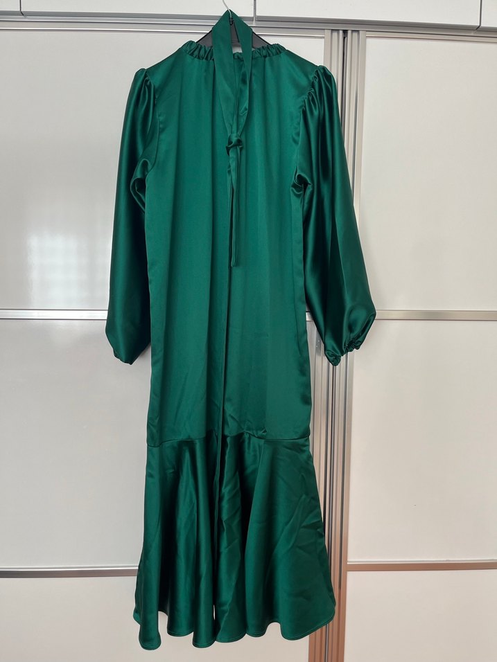 Yeşil Uzun Kollu Salaş Saten Elbise - Görsel 2