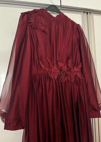 Bordo Uzun Kollu Drapeli Kadın Abiye Elbise - Görsel 2