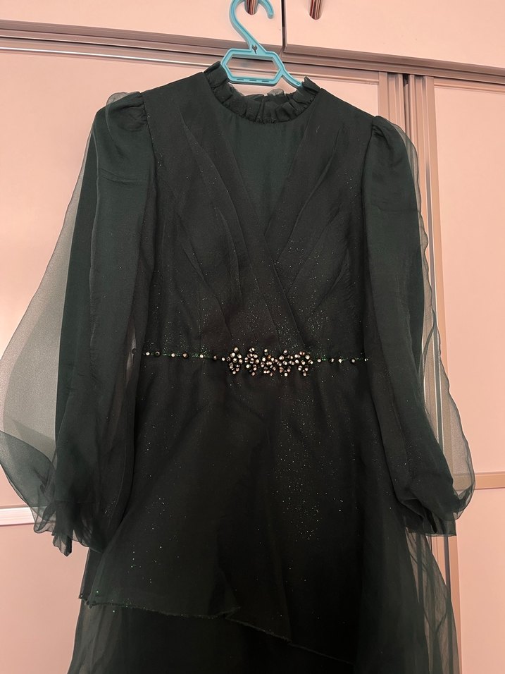 Uzun Yeşil Drapeli Kadın Abiye Elbise - Görsel 2