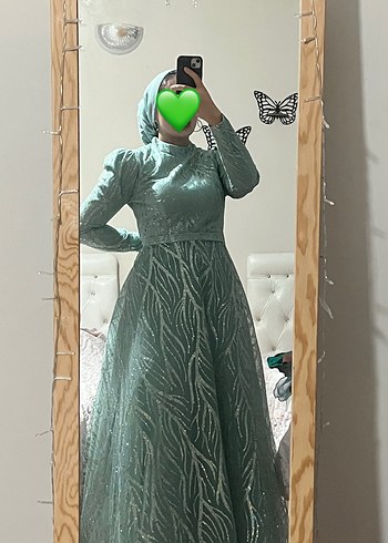 Drapeli Yeşil Nakışlı Uzun Abiye Elbise - Görsel 3