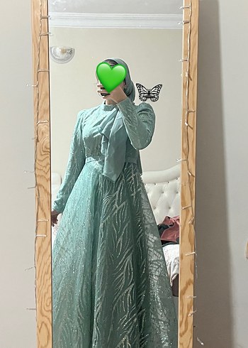 Drapeli Yeşil Nakışlı Uzun Abiye Elbise - Görsel 2