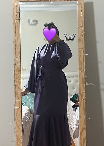 Uzun Mor Gömlek Yaka Salaş Kadın Elbise - Görsel 3