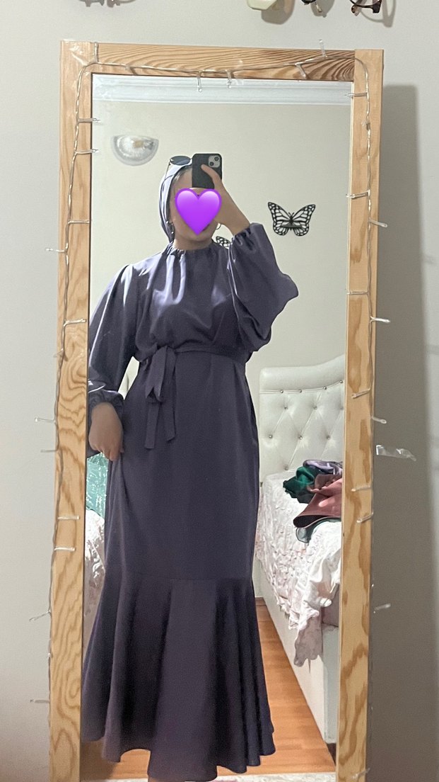 Uzun Mor Gömlek Yaka Salaş Kadın Elbise - Görsel 2