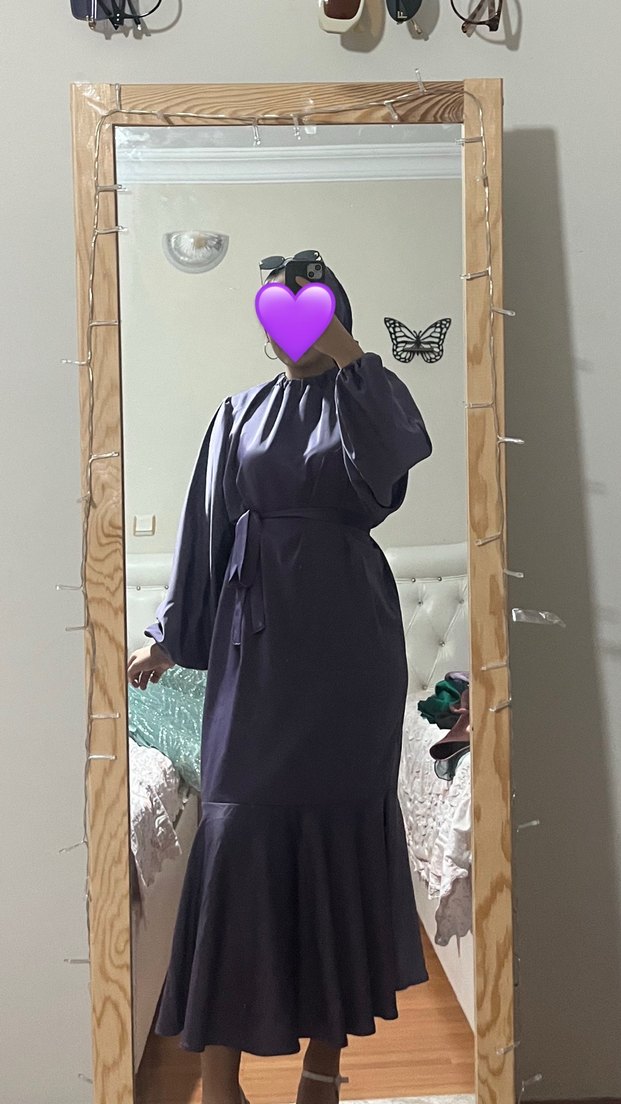 Uzun Mor Gömlek Yaka Salaş Kadın Elbise - Görsel 3