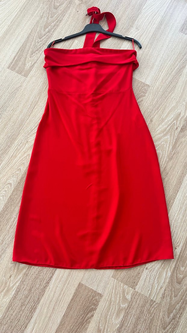 Kırmızı Drapeli Straplez Uzun Elbise - Görsel 3