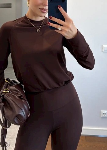 Kahverengi Bol Paçalı tayt takım alt üst takım ikili takım - Görsel 5