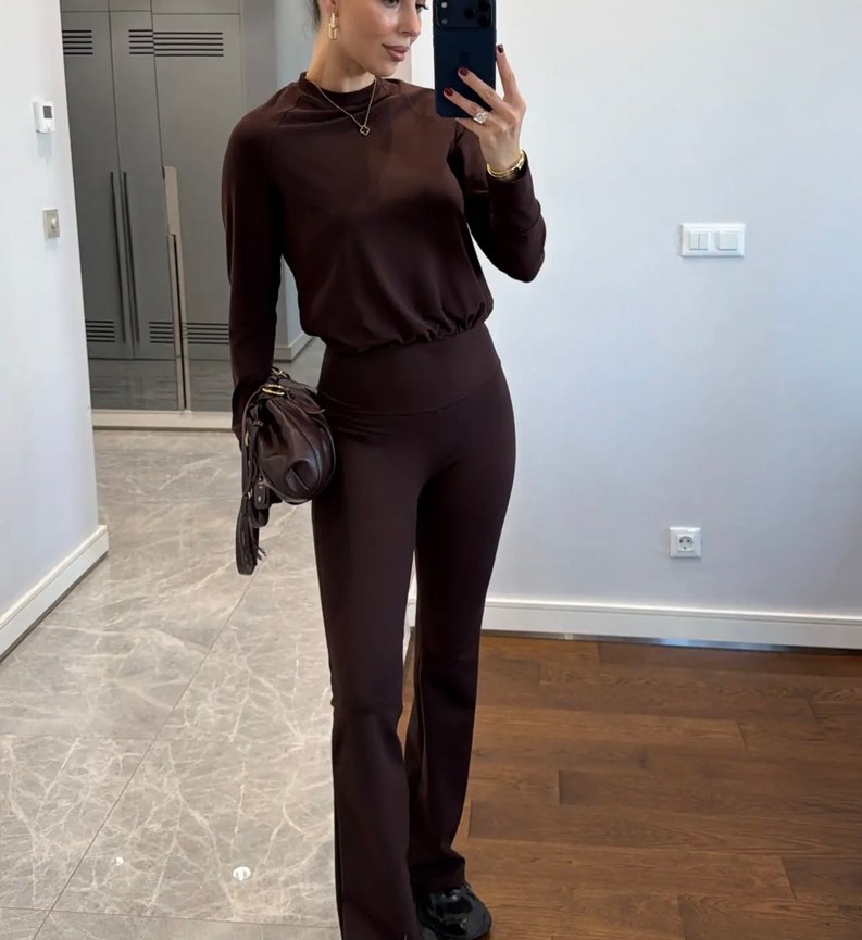 Kahverengi Bol Paçalı tayt takım alt üst takım ikili takım - Görsel 3