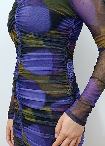 Zara Zara Desenli Mor Tül Mini Elbise