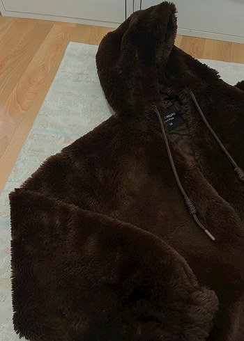 xs Beden Kahverengi Kapüşonlu Kadın Peluş Ceket