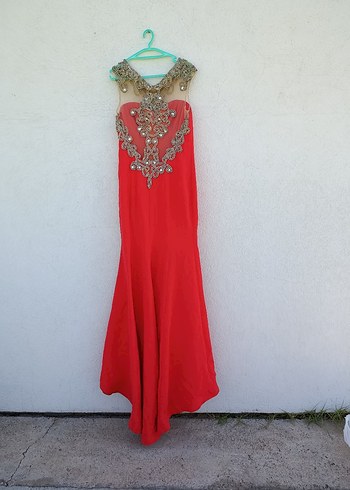 Nakışlı V Yaka Kırmızı Uzun Abiye Elbise - Görsel 5