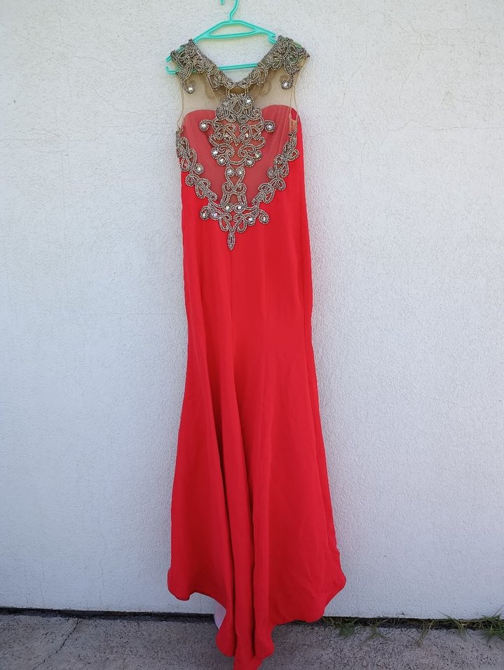 Nakışlı V Yaka Kırmızı Uzun Abiye Elbise - Görsel 4