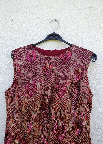 Bordo İşlemeli V Yaka Uzun Abiye Elbise - Görsel 6