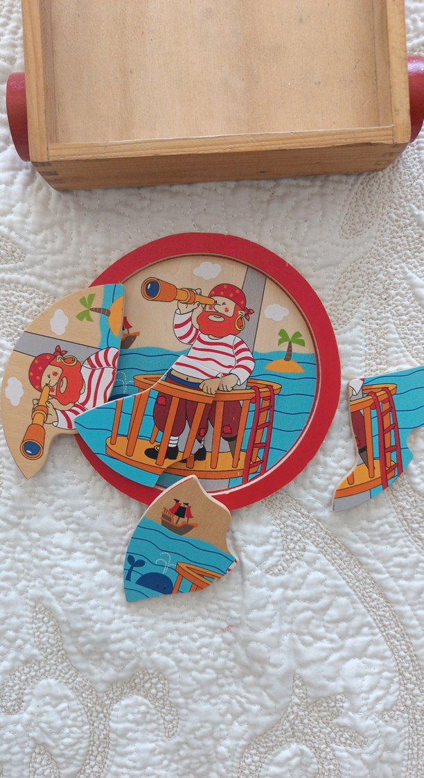 Renkli Ahşap Korsan Çocuk Puzzle ve ahşap tekerlekli oyuncak - Görsel 3