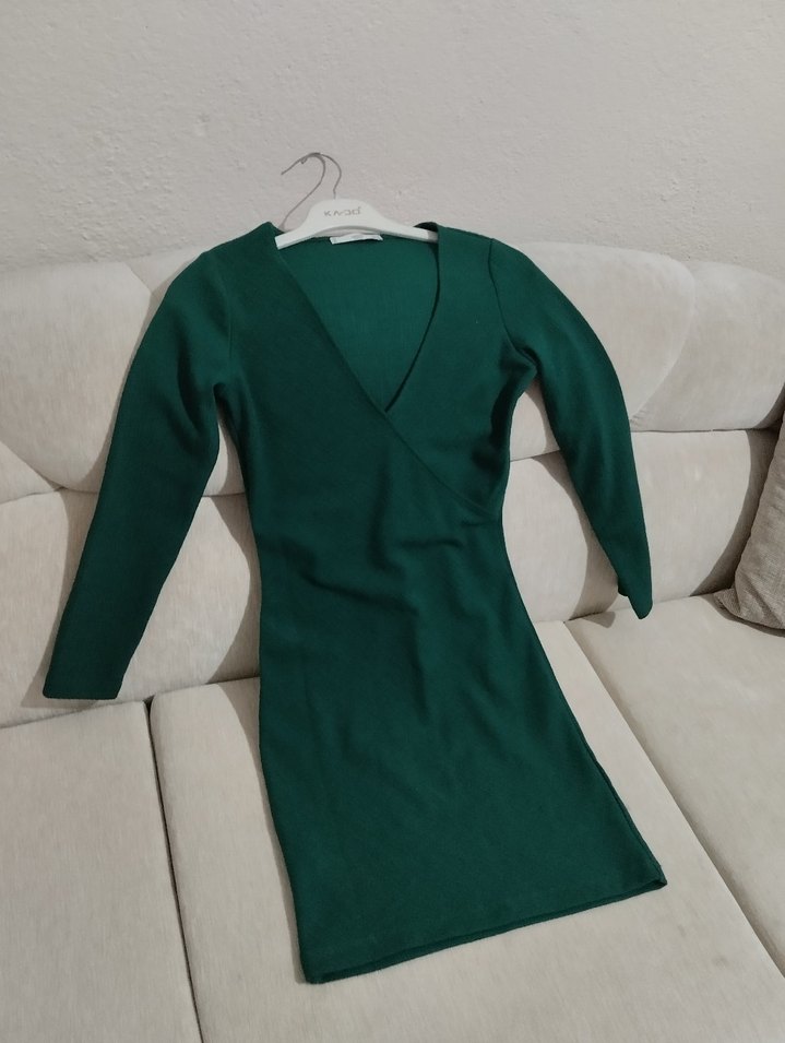 Yeşil V Yakalı Midi Triko Elbise - Görsel 3