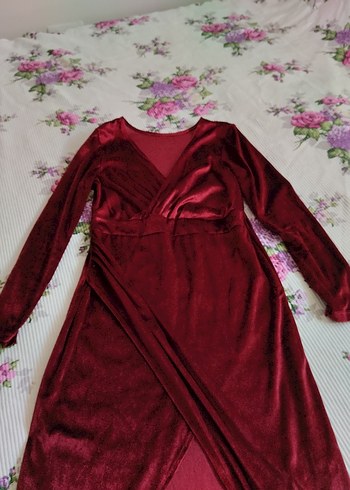 Bordo V Yakalı Uzun Kollu Kadın Elbise - Görsel 3