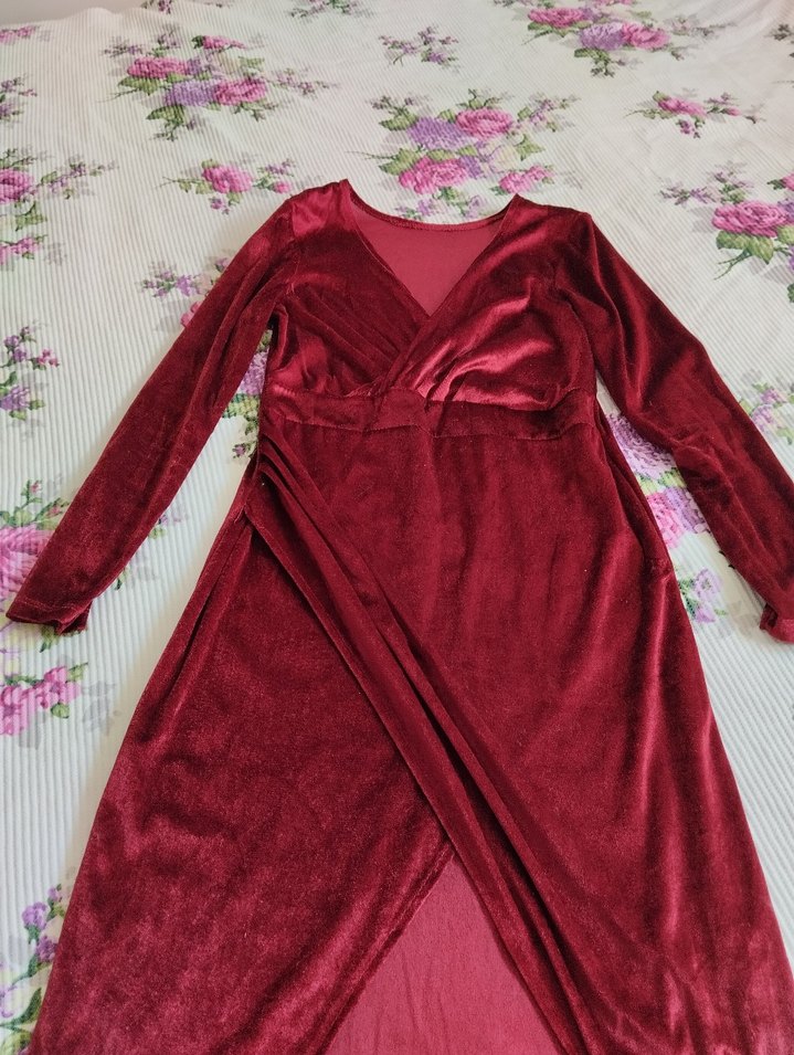 Bordo V Yakalı Uzun Kollu Kadın Elbise - Görsel 2