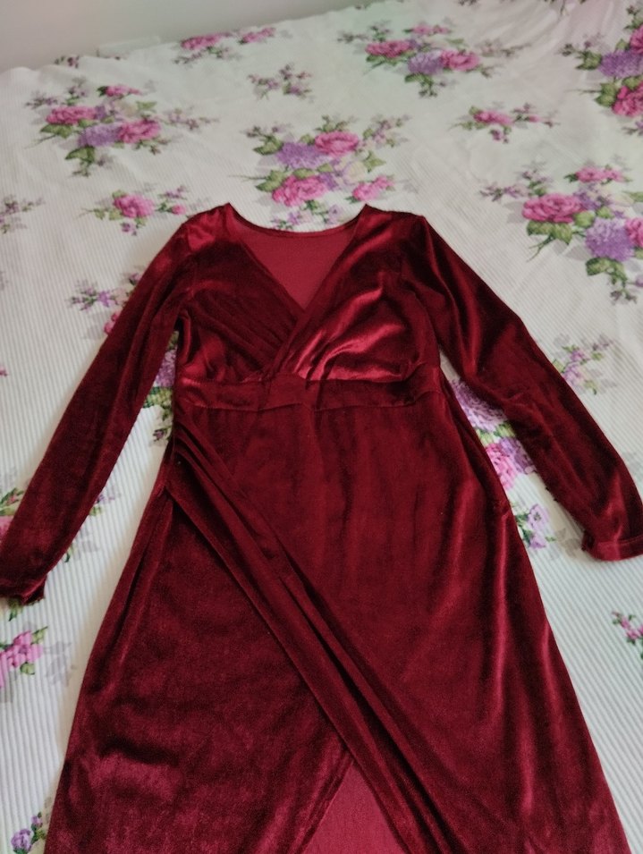 Bordo V Yakalı Uzun Kollu Kadın Elbise - Görsel 3