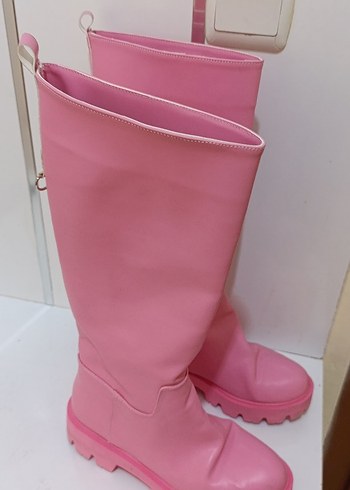 Pembe Rugan Tokalı Dizüstü Topuklu Çizme 38 numara