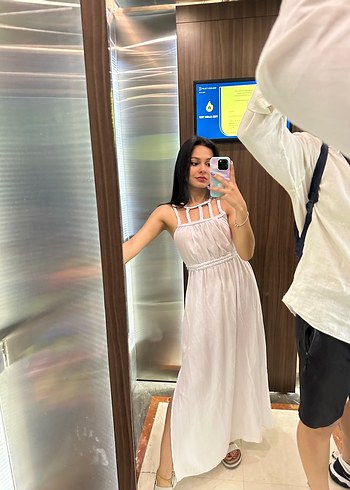 Beyaz Etnik Desenli Uzun Bohem Elbise - Görsel 3