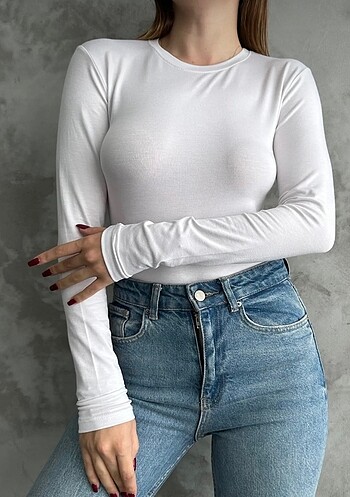 m Beden Beyaz Bisiklet Yaka Basic Uzun Kollu Body