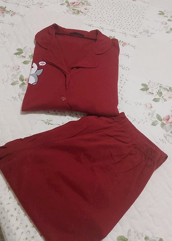 Bordo Kadın uzun kol Rahat Pijama Takımı