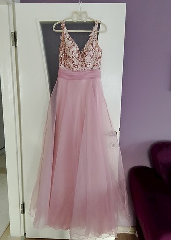 alfabeta 1 beden Pembe Dantel V Yakalı Uzun Abiye Elbise - Görsel 3