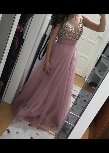 alfabeta 1 beden Pembe Dantel V Yakalı Uzun Abiye Elbise - Görsel 2