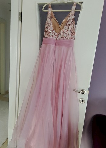 alfabeta 1 beden Pembe Dantel V Yakalı Uzun Abiye Elbise - Görsel 4