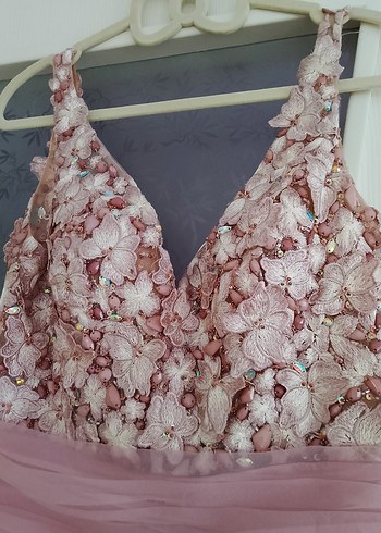 alfabeta 1 beden Pembe Dantel V Yakalı Uzun Abiye Elbise - Görsel 8