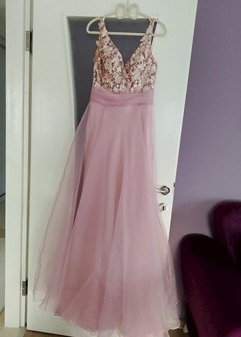 alfabeta 1 beden Pembe Dantel V Yakalı Uzun Abiye Elbise - Görsel 9