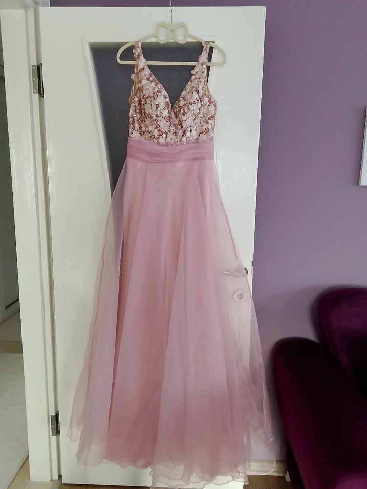 alfabeta 1 beden Pembe Dantel V Yakalı Uzun Abiye Elbise - Görsel 3