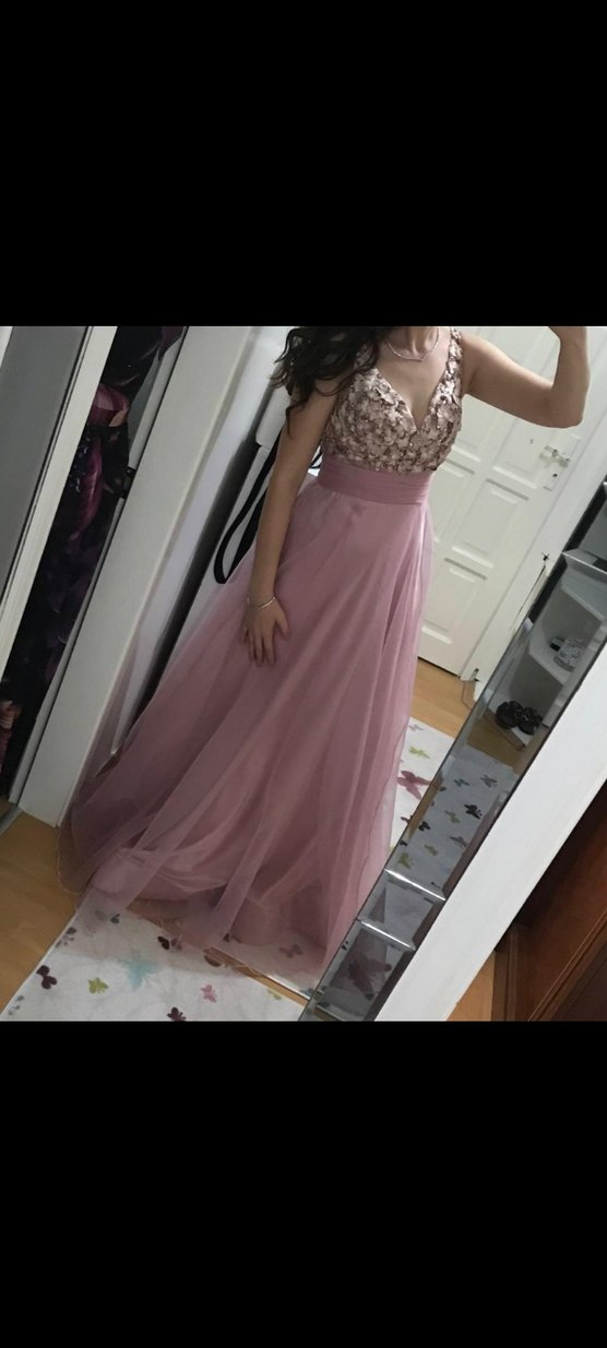 alfabeta 1 beden Pembe Dantel V Yakalı Uzun Abiye Elbise - Görsel 2