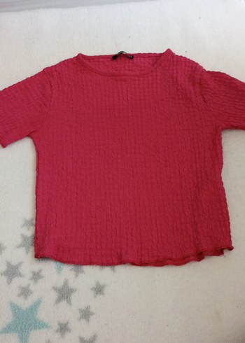 Pembe Kısa Kollu Örgü Keten Kadın Tişört