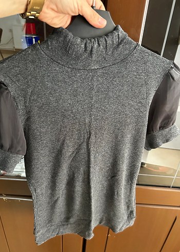 Gri Kısa Kollu Boğazlı Triko bluz - Görsel 3