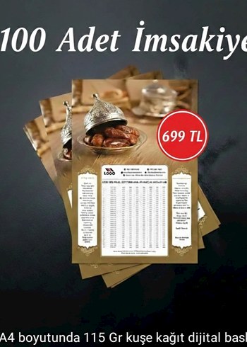 100 Adet İmsakiye, A4 115 Gr Kuşe Kağıt
