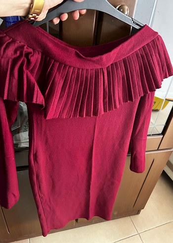 Bordo Pilili Midi Elbise - Görsel 2