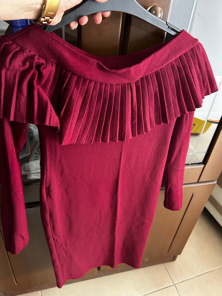 Bordo Pilili Midi  Elbise - Görsel 2