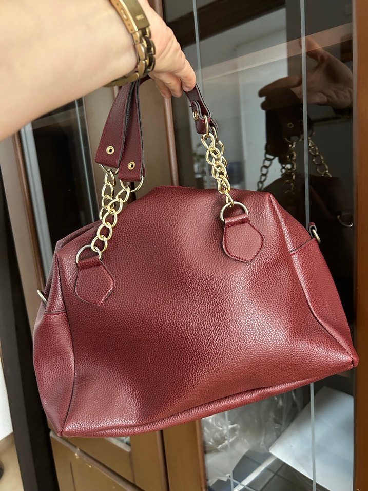 Bordo Deri Zincir Detaylı Kadın Çanta - Görsel 2